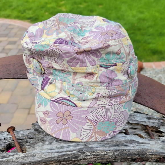 Purple Floral Hat 100% Cotton Elastic Back Purple Yellow Teal Cream Cadet Style - Picture 2 of 12